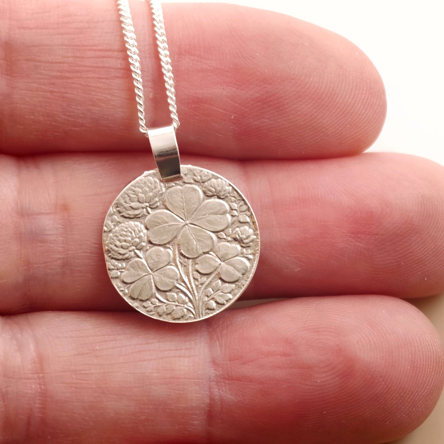 Clover Engraved Sterling Silver Coin Necklace