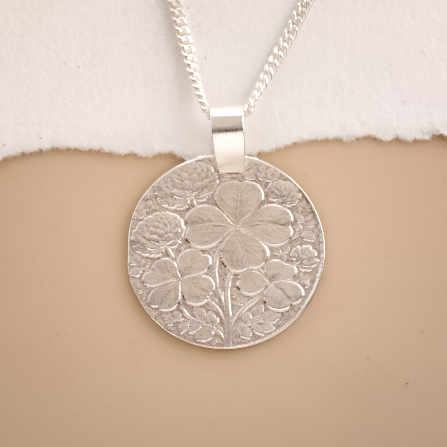 Clover Engraved Sterling Silver Coin Necklace