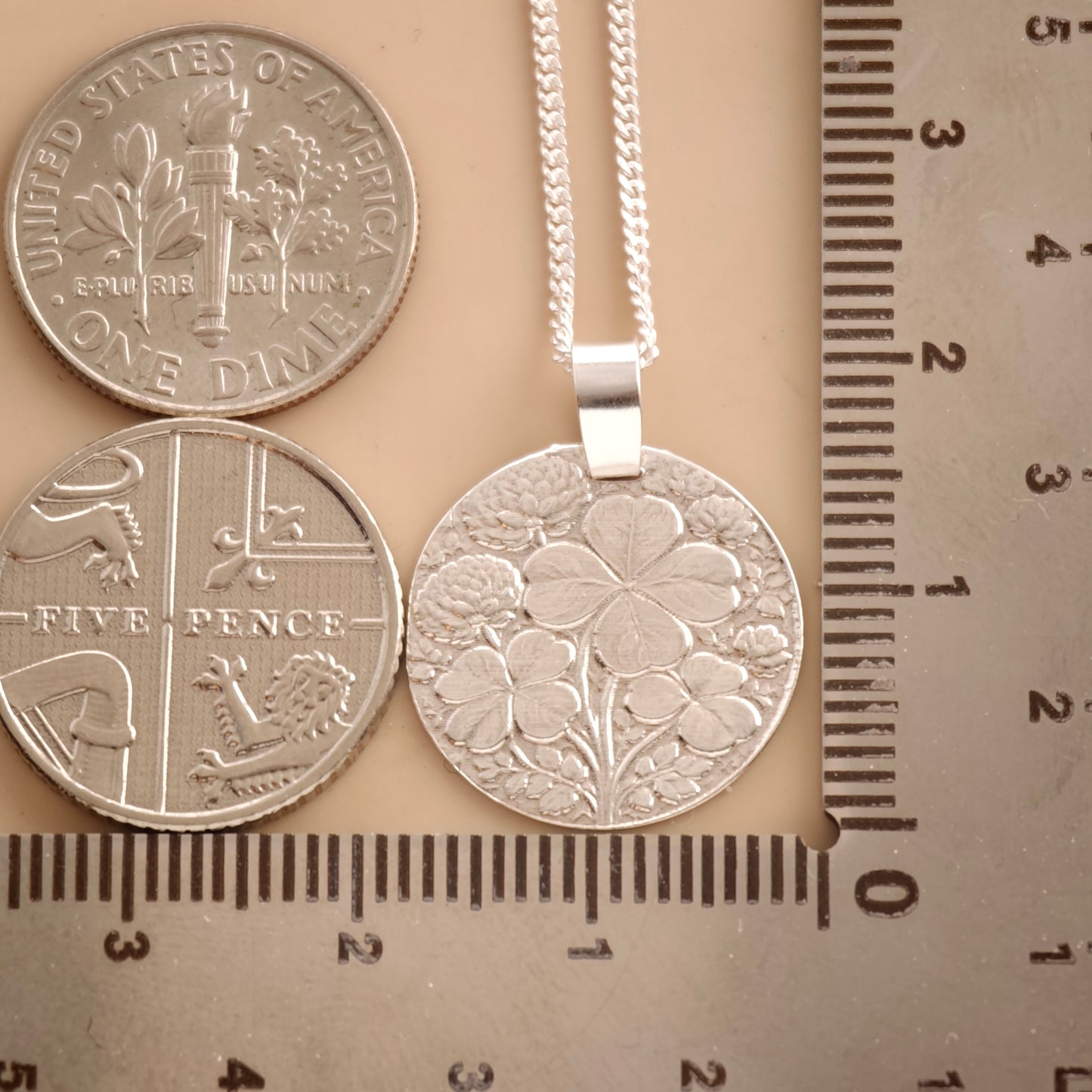 Clover Engraved Sterling Silver Coin Necklace