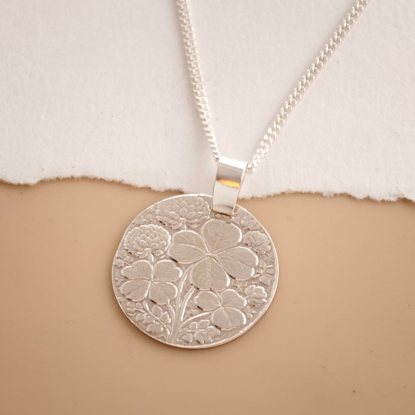 Clover Engraved Sterling Silver Coin Necklace