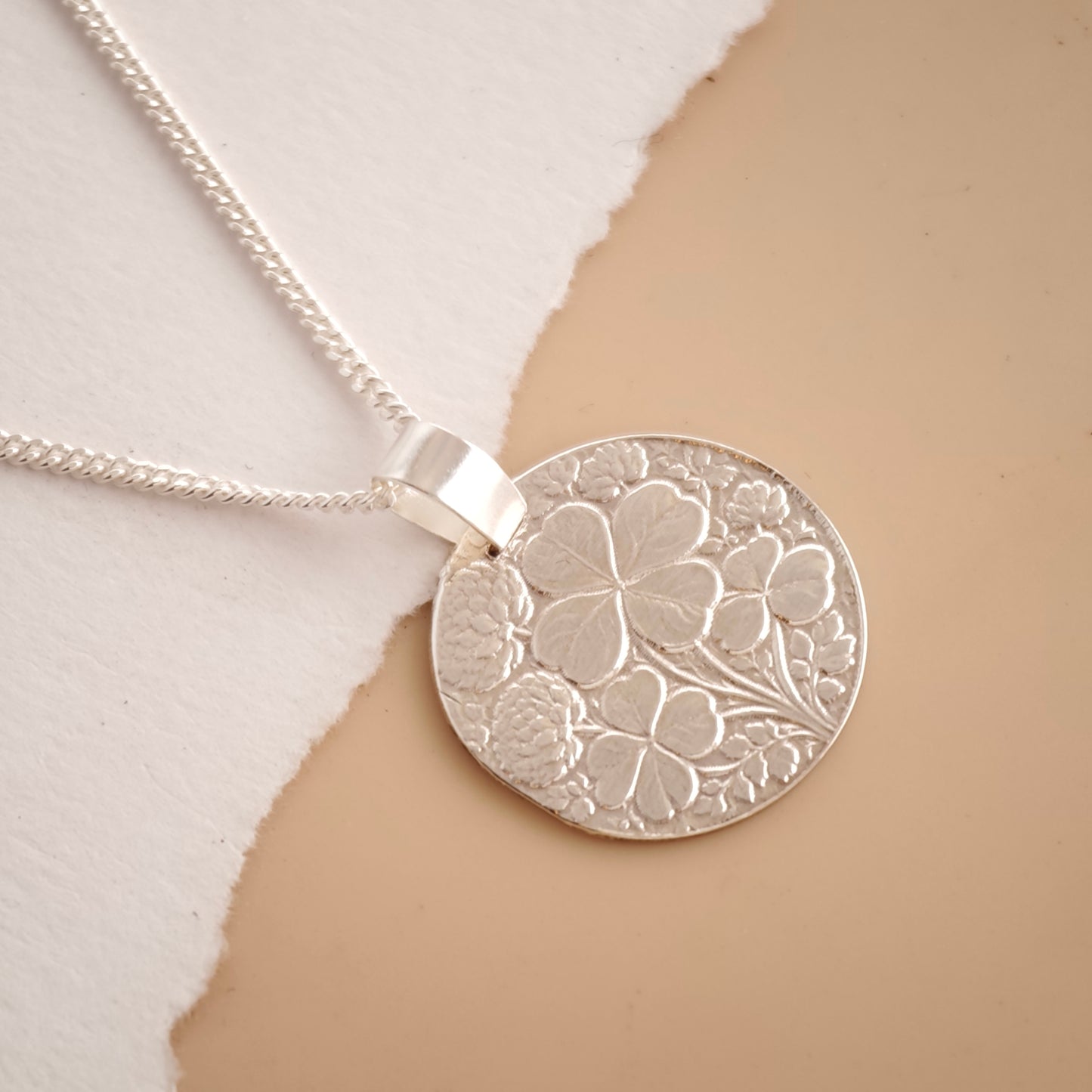 Clover Engraved Sterling Silver Coin Necklace