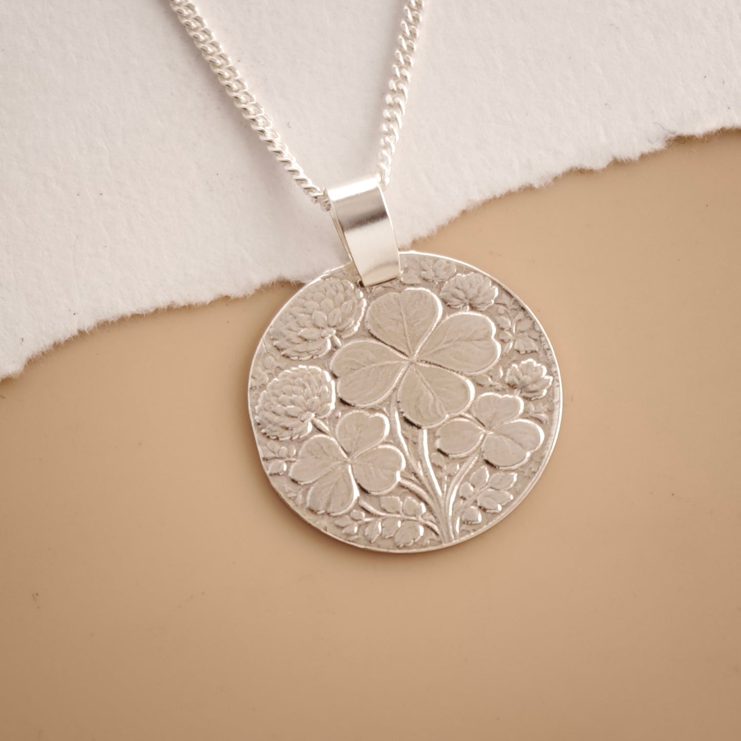 Clover Engraved Sterling Silver Coin Necklace