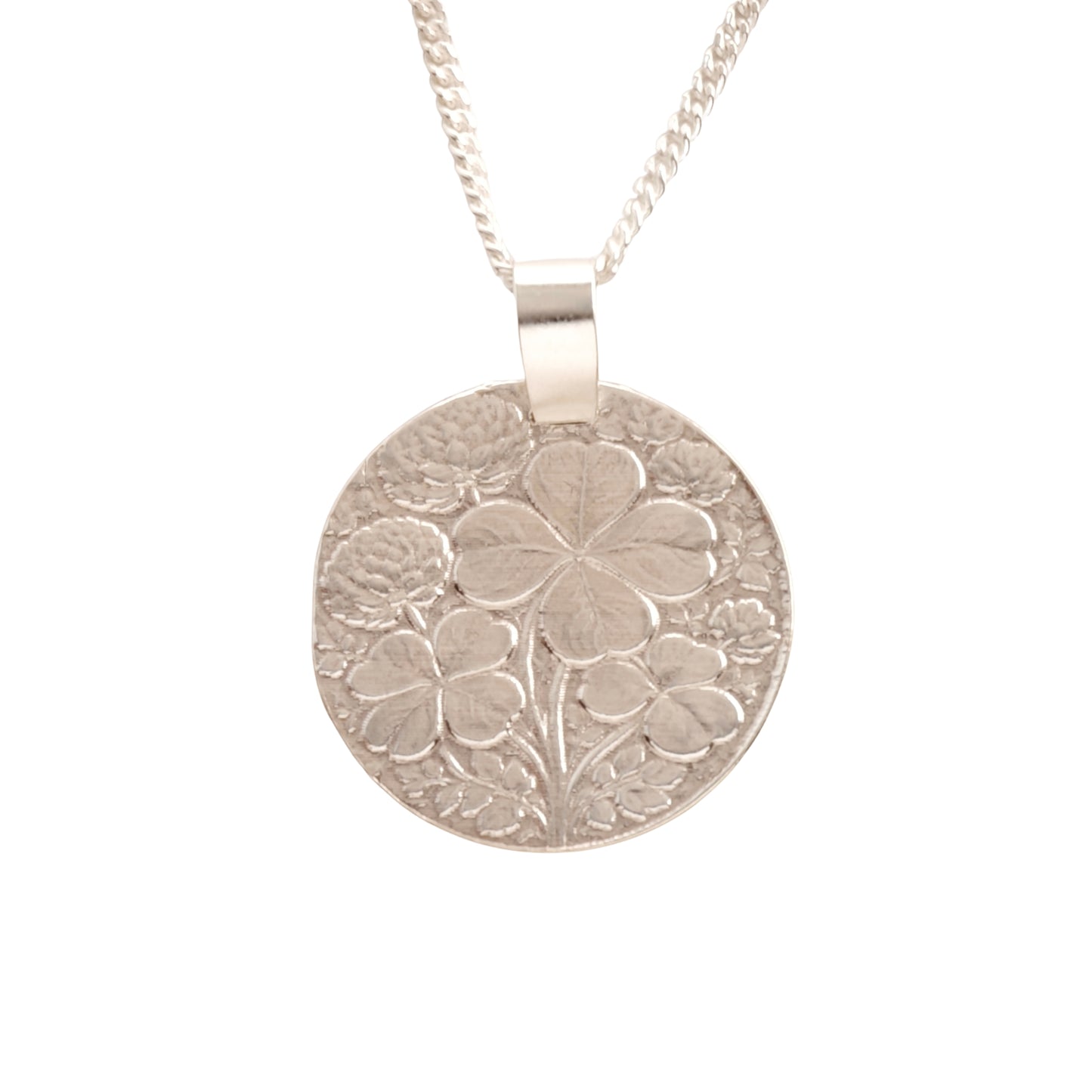 Clover Engraved Sterling Silver Coin Necklace