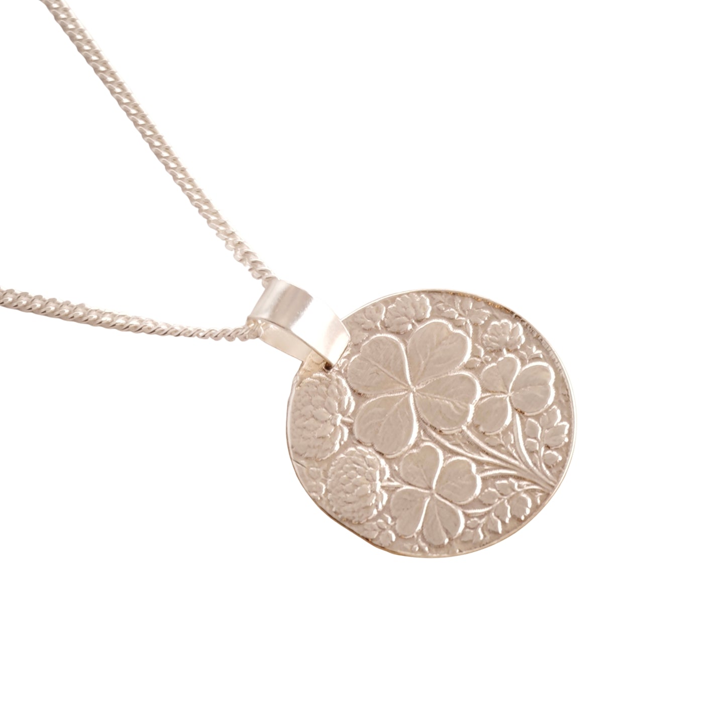 Clover Engraved Sterling Silver Coin Necklace