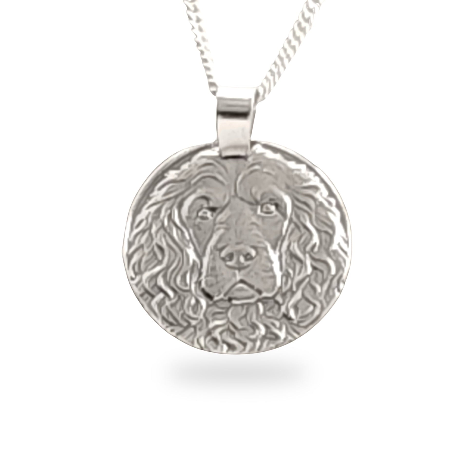 Sterling silver engraved cockapoo coin pendant necklace, handcrafted in the UK from recycled sterling silver
