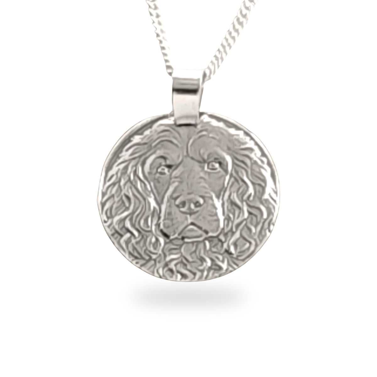 Sterling silver engraved cockapoo coin pendant necklace, handcrafted in the UK from recycled sterling silver