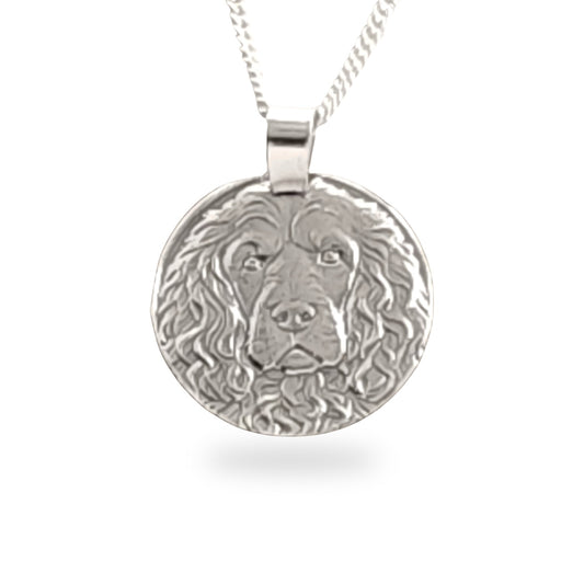 Sterling silver engraved cockapoo coin pendant necklace, handcrafted in the UK from recycled sterling silver