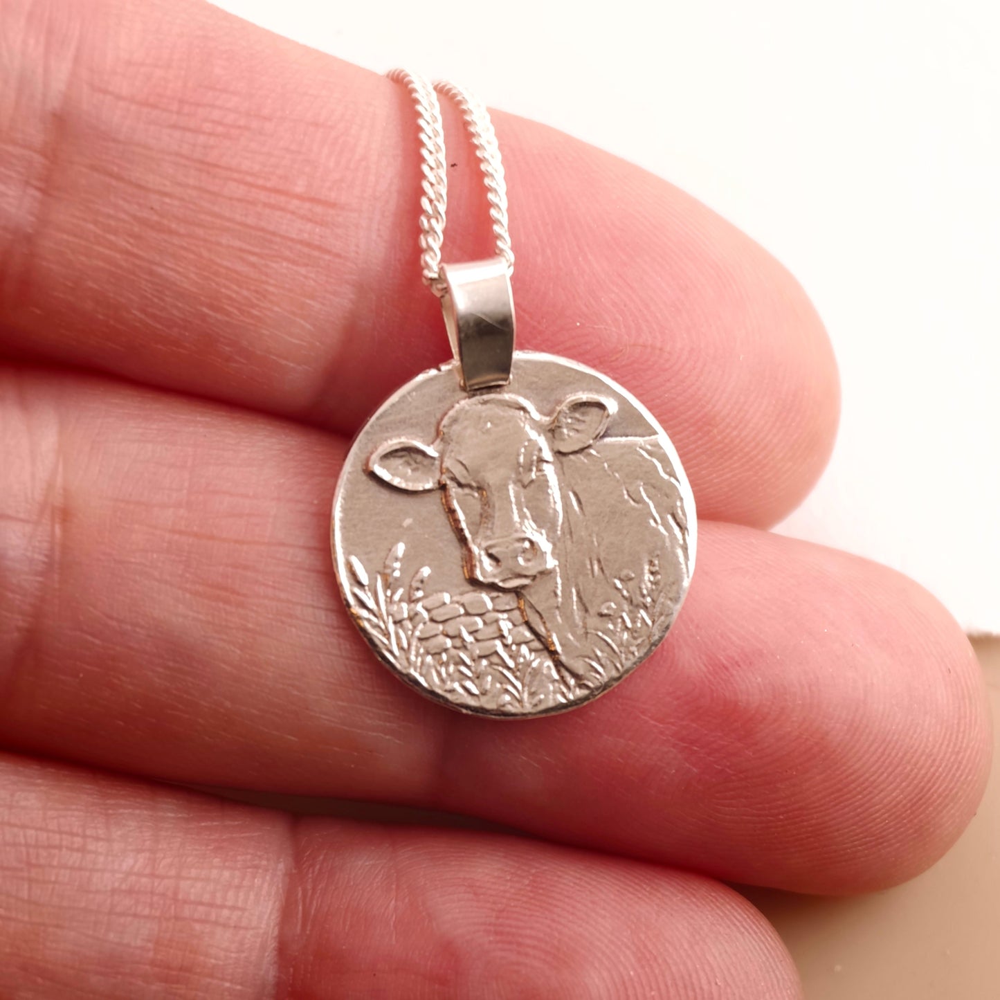 Cow Engraved Sterling Silver Coin Necklace