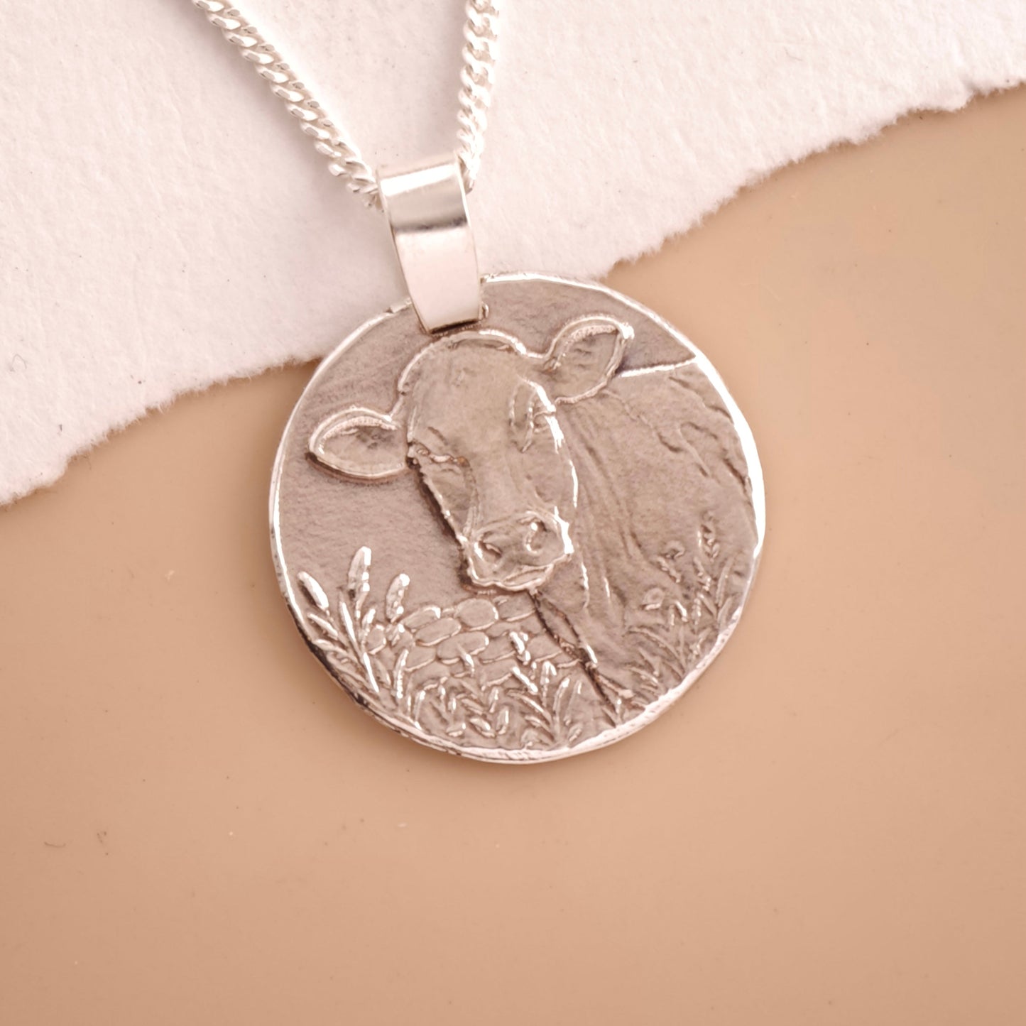 Cow Engraved Sterling Silver Coin Necklace