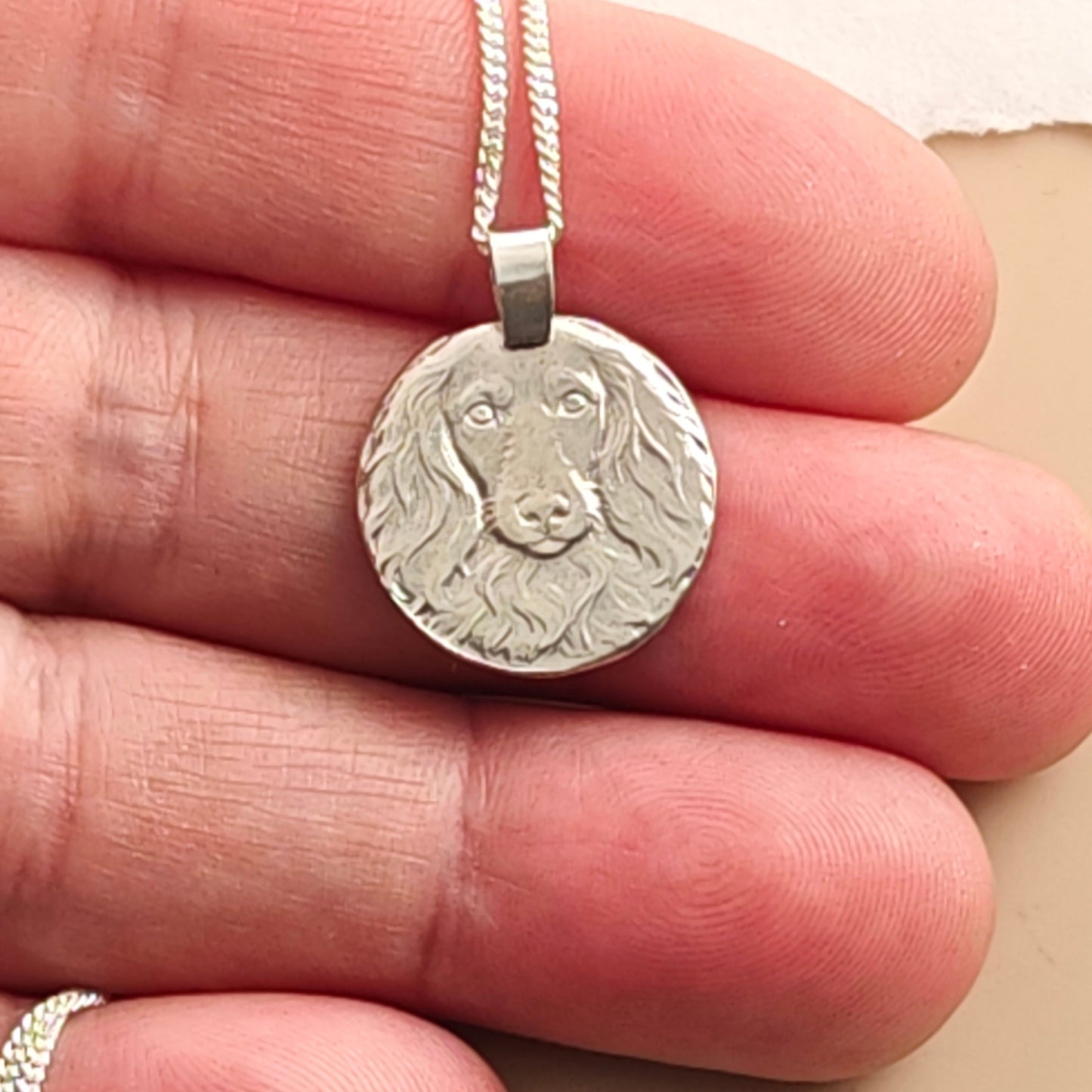 Dachshund Long Haired Engraved Sterling Silver Coin Necklace