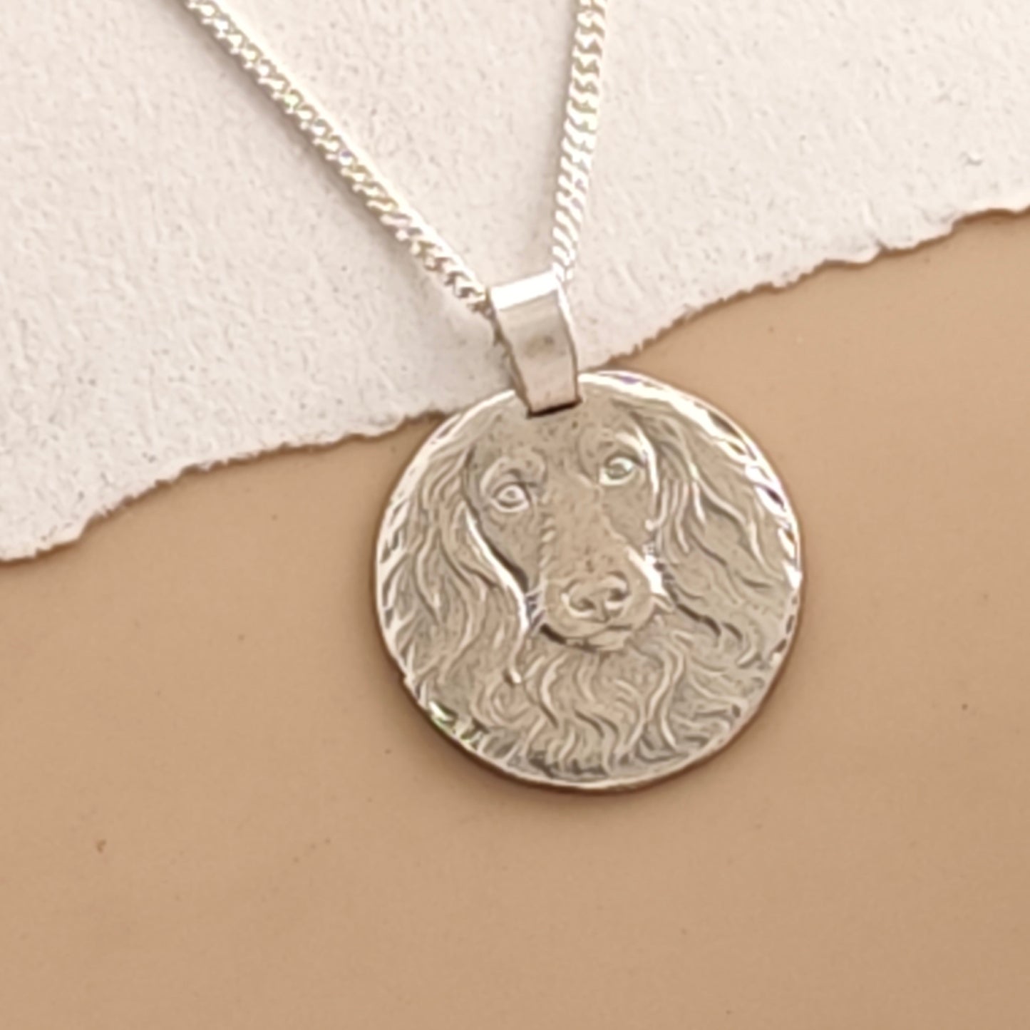 Dachshund Long Haired Engraved Sterling Silver Coin Necklace