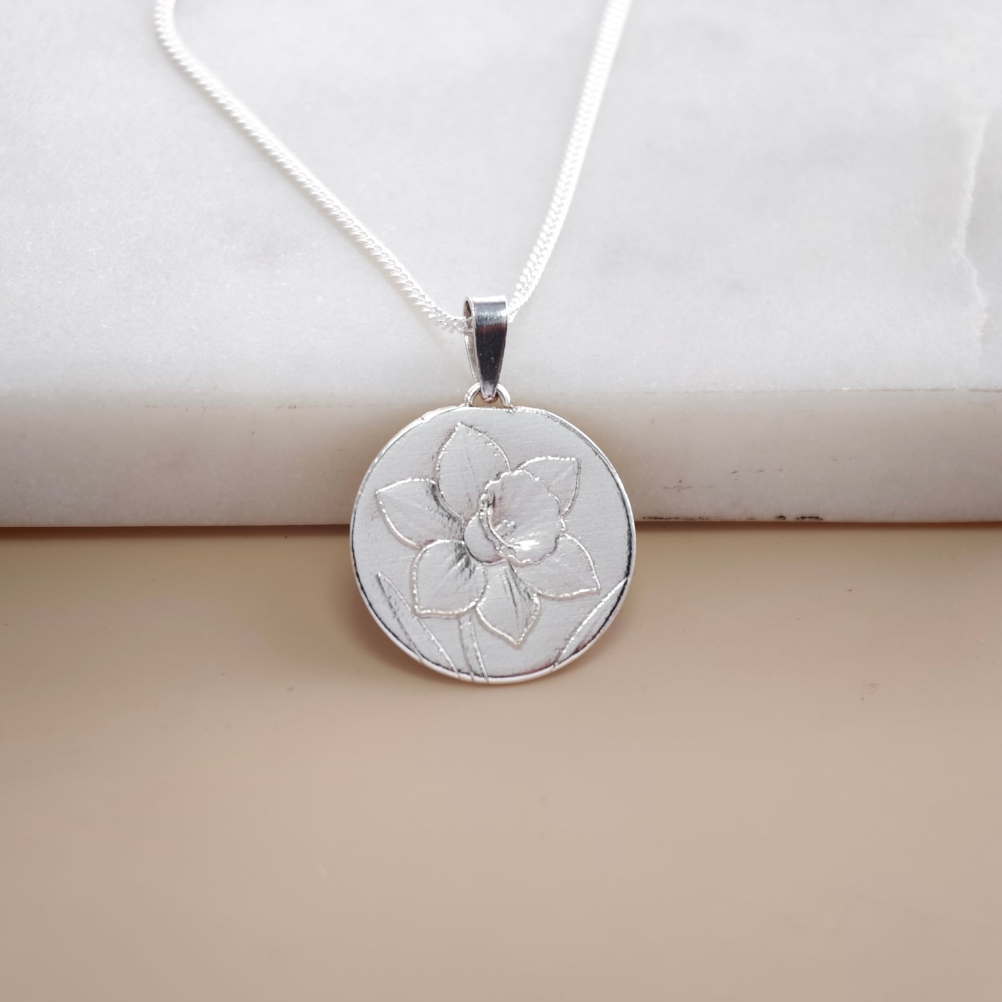 Daffodil Engraved Sterling Silver Coin Necklace