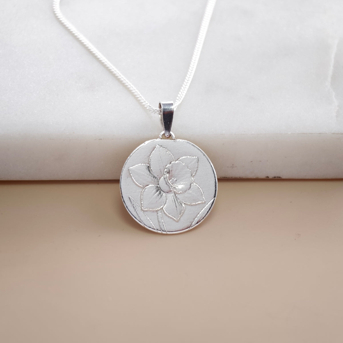 Daffodil Coin Necklace – Deep Engraved Recycled Sterling Silver