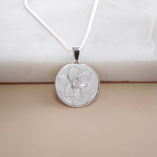 Daffodil Engraved Sterling Silver Coin Necklace