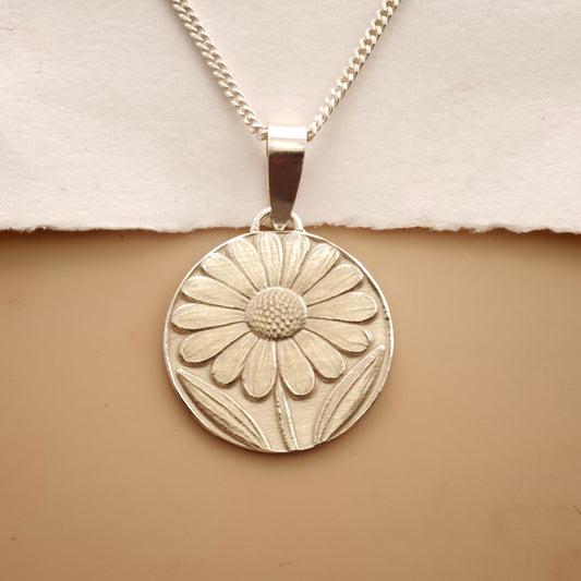 Daisy Engraved Sterling Silver Coin Necklace