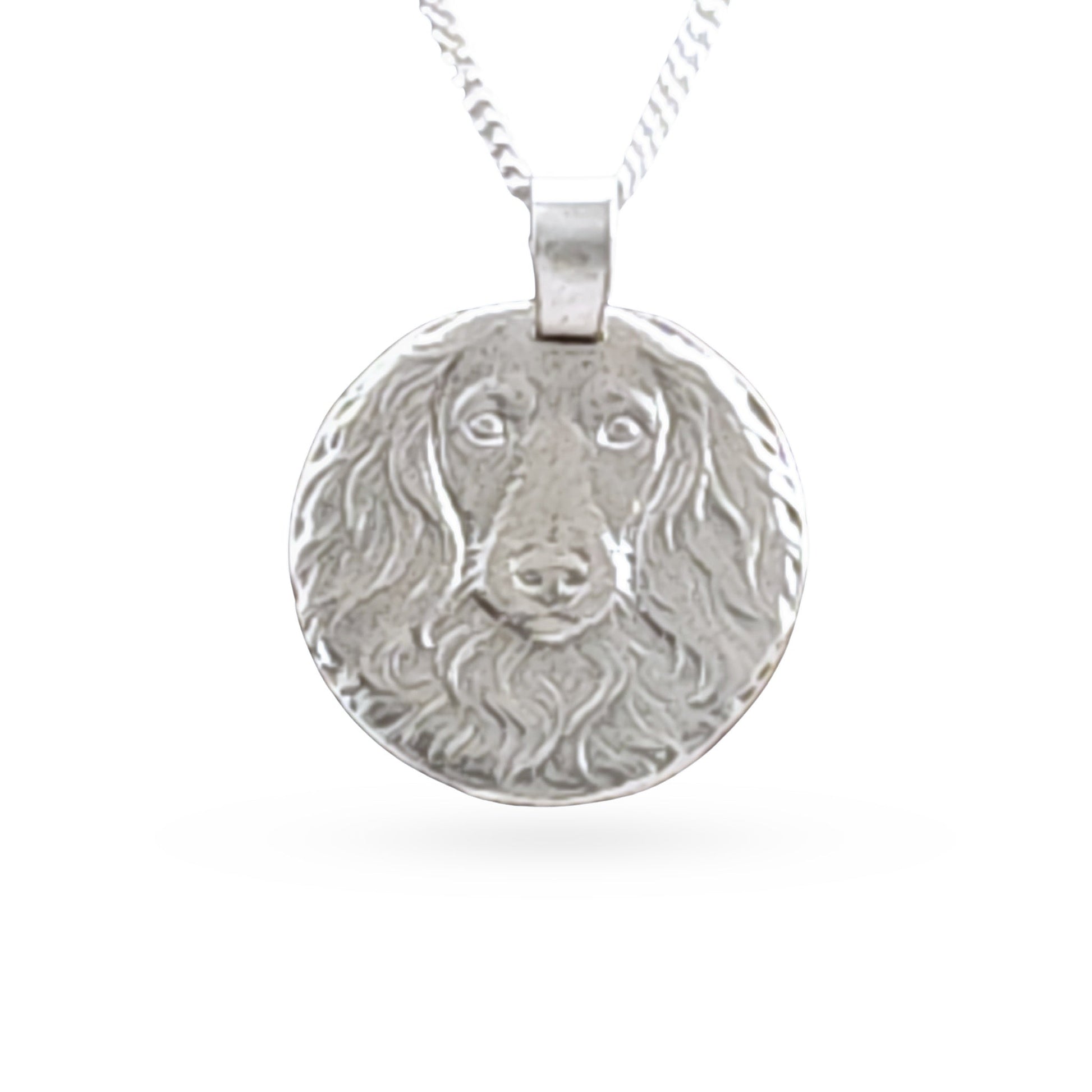 Sterling silver engraved dachshund coin pendant necklace, handcrafted in the UK from recycled sterling silver