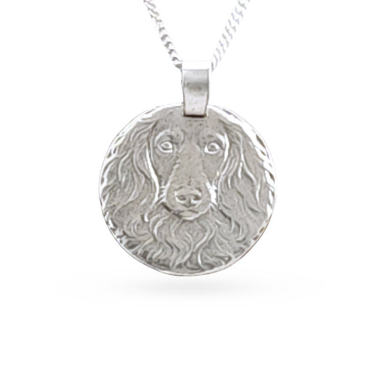 Sterling silver engraved dachshund coin pendant necklace, handcrafted in the UK from recycled sterling silver