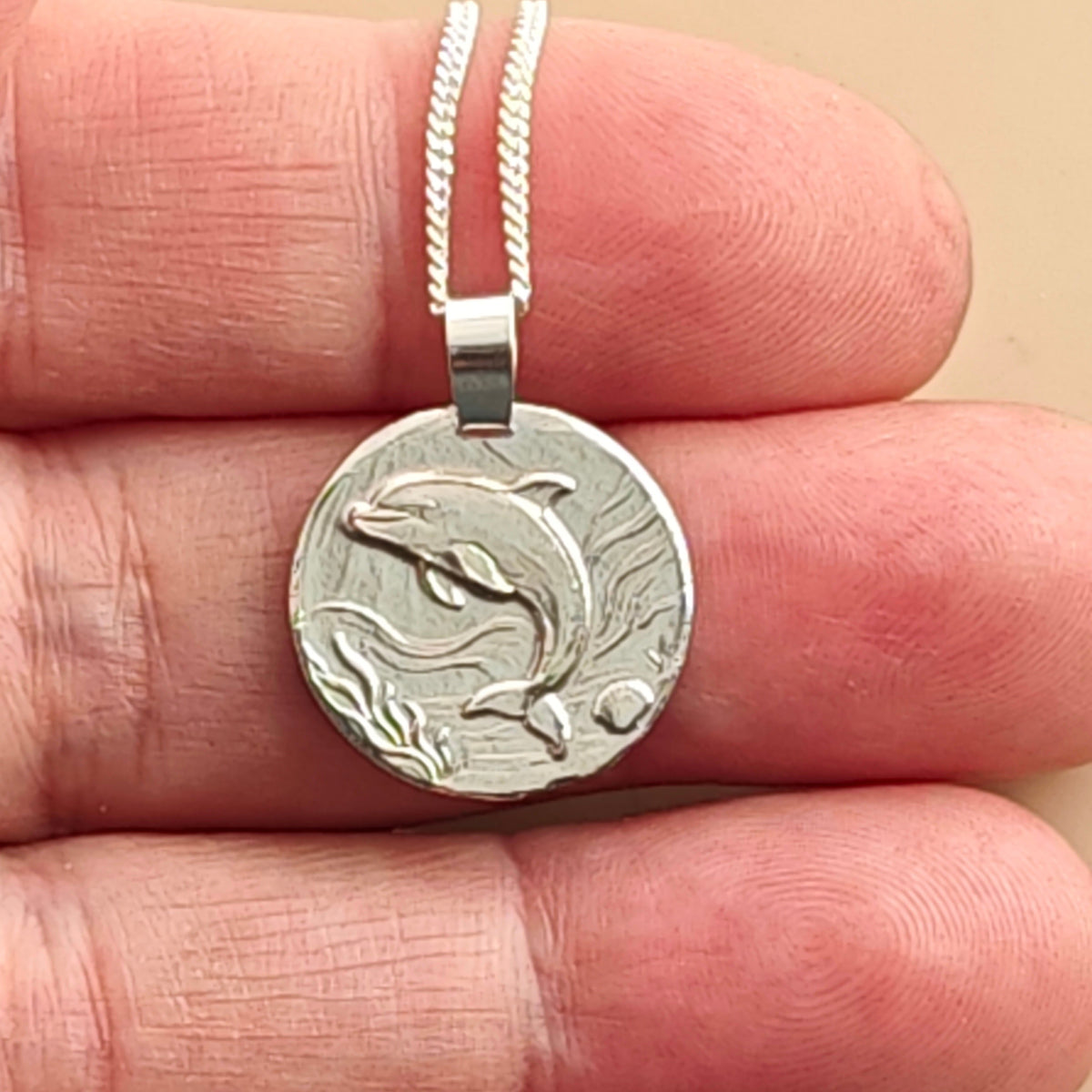 Dolphin Coin Necklace – Deep Engraved Recycled Sterling Silver