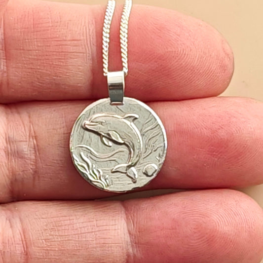 Dolphin Engraved Sterling Silver Coin Necklace