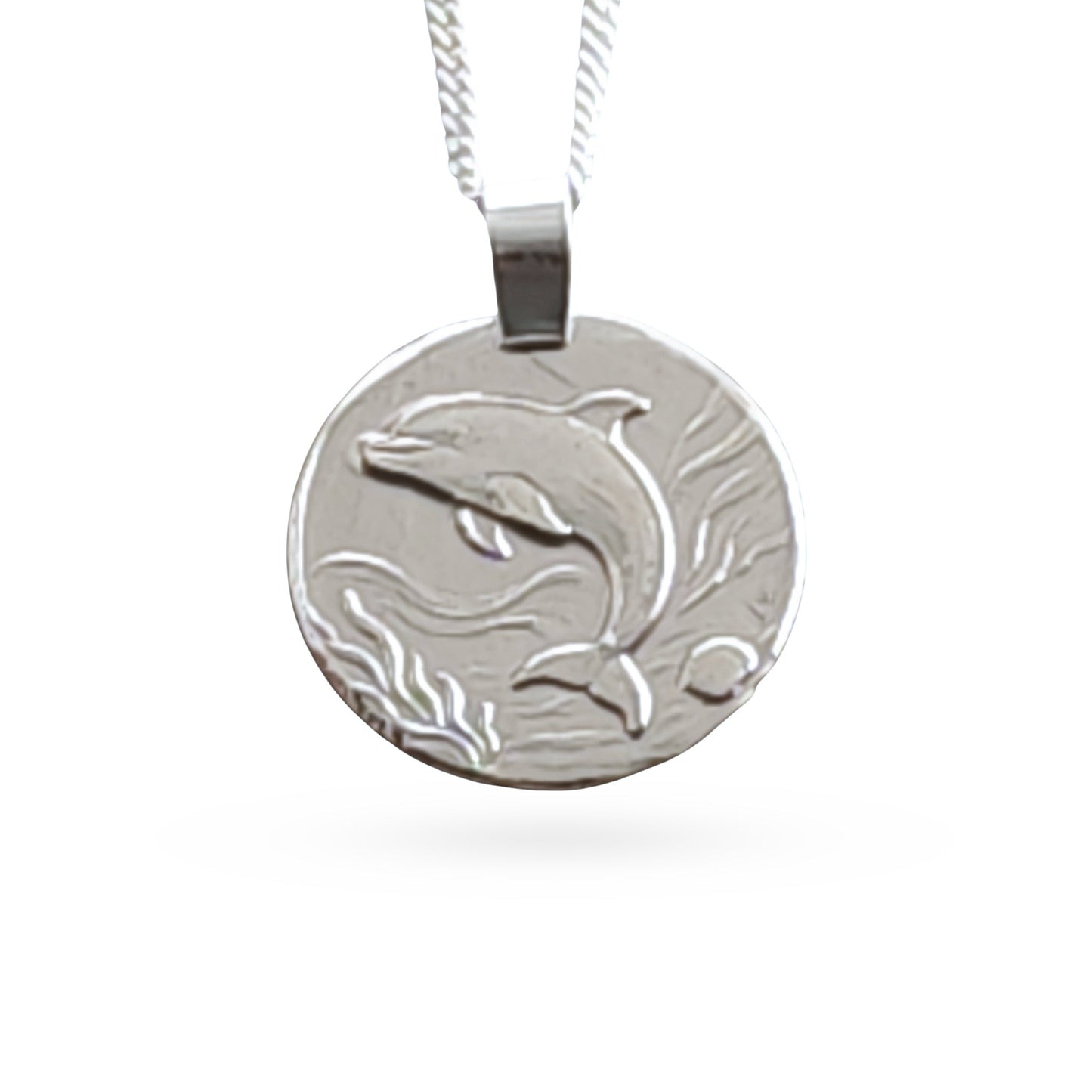 Sterling silver engraved dolphin coin pendant necklace, handcrafted in the UK from recycled sterling silver