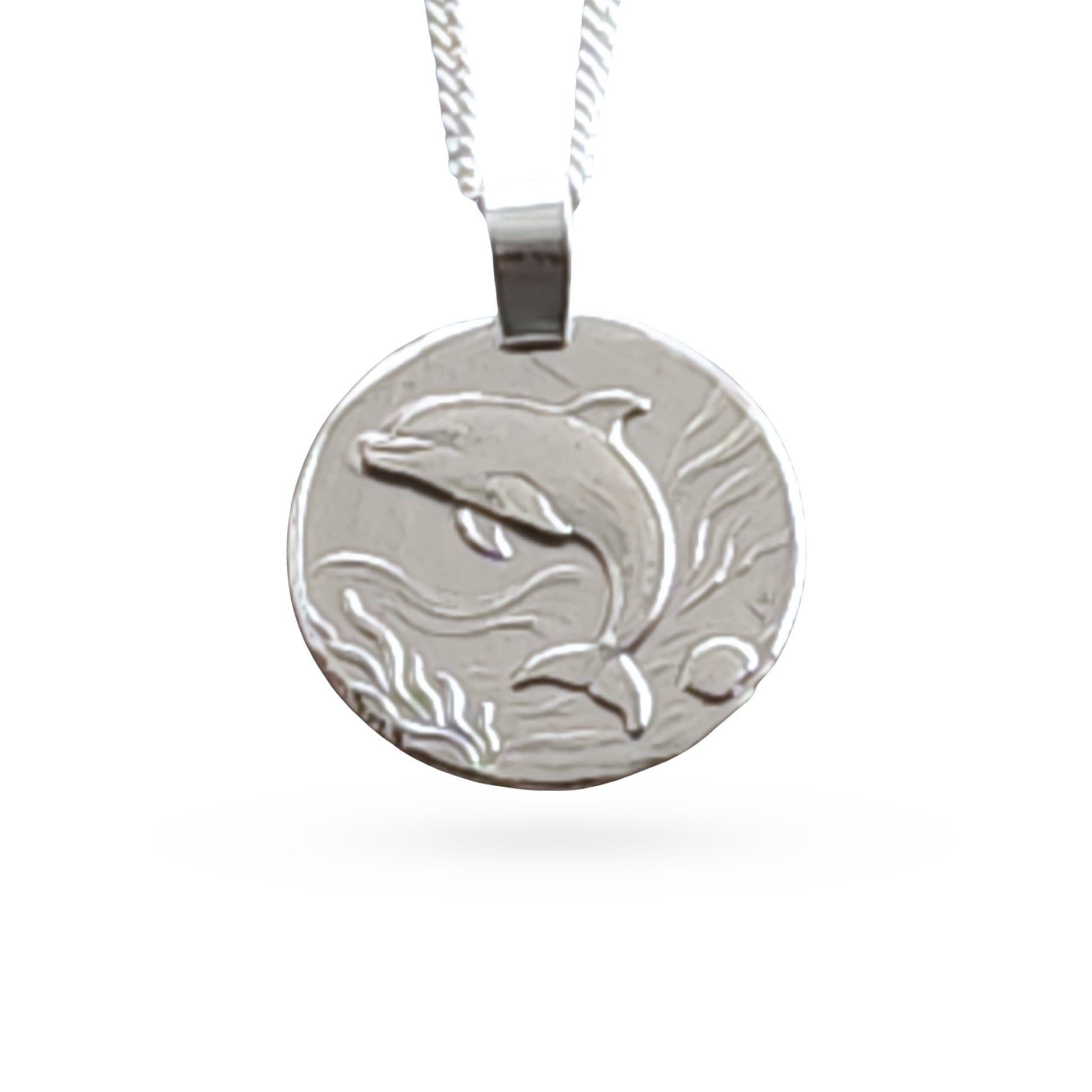 Sterling silver engraved dolphin coin pendant necklace, handcrafted in the UK from recycled sterling silver