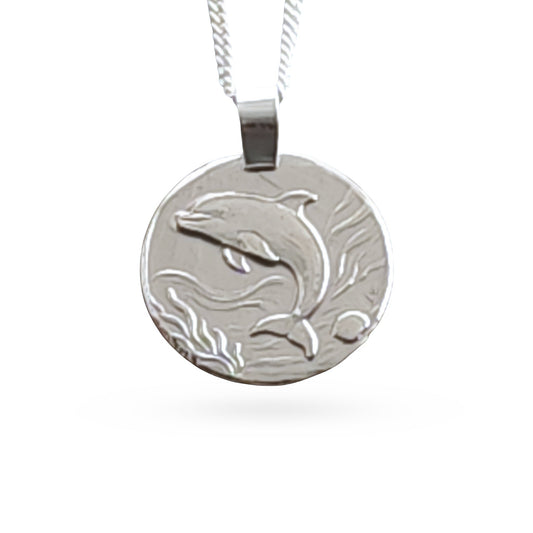 Sterling silver engraved dolphin coin pendant necklace, handcrafted in the UK from recycled sterling silver