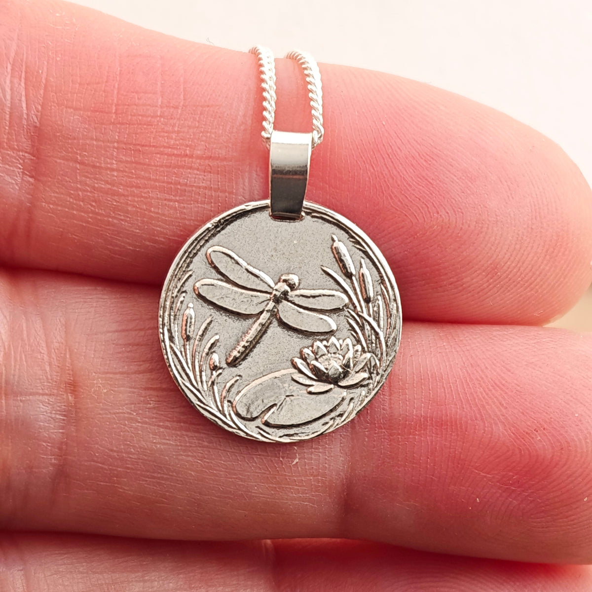 Dragonfly Coin Necklace – Deep Engraved Recycled Sterling Silver