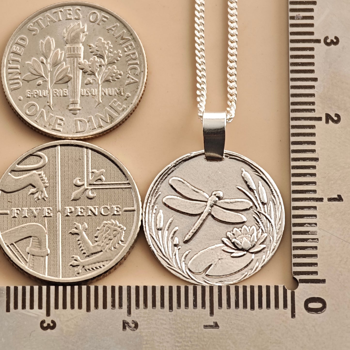 Dragonfly Engraved Sterling Silver Coin Necklace