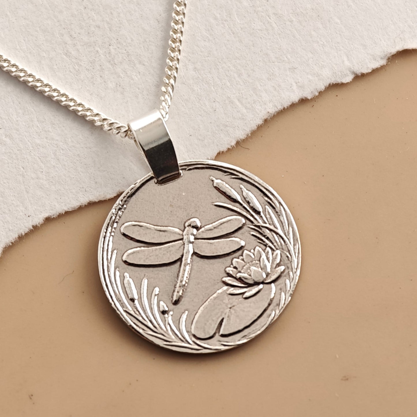 Dragonfly Coin Necklace – Deep Engraved Recycled Sterling Silver