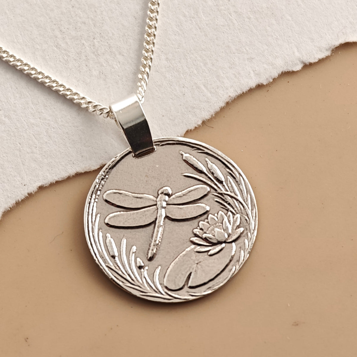 Dragonfly Coin Necklace – Deep Engraved Recycled Sterling Silver
