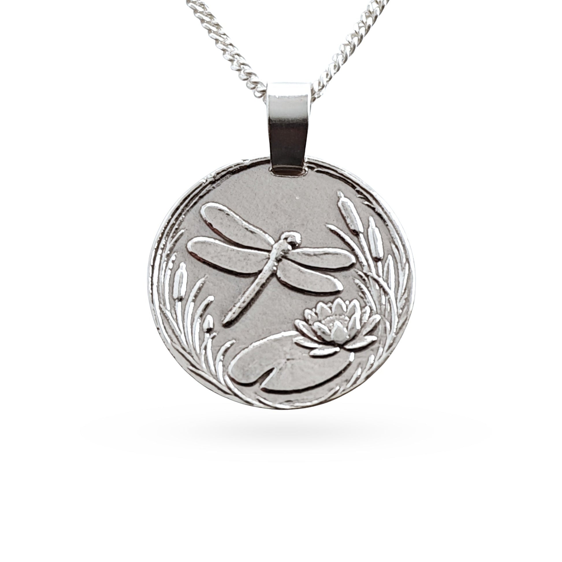 Sterling silver engraved dragonfly coin pendant necklace, handcrafted in the UK from recycled sterling silver