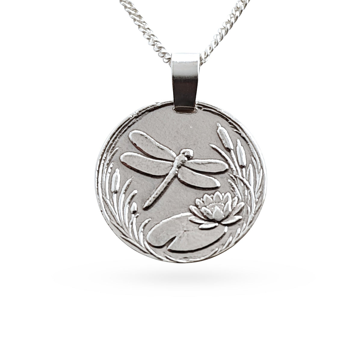 Sterling silver engraved dragonfly coin pendant necklace, handcrafted in the UK from recycled sterling silver