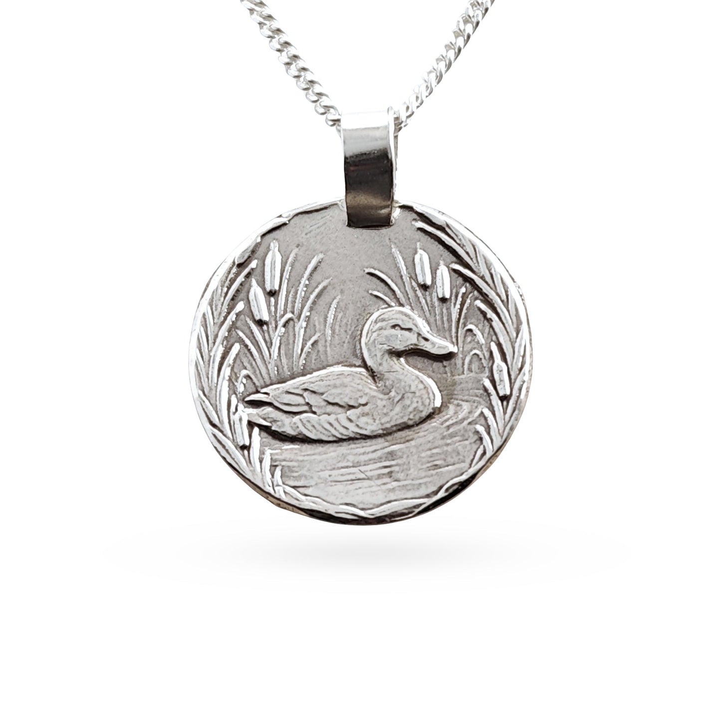 Sterling silver engraved duck coin pendant necklace, handcrafted in the UK from recycled sterling silver