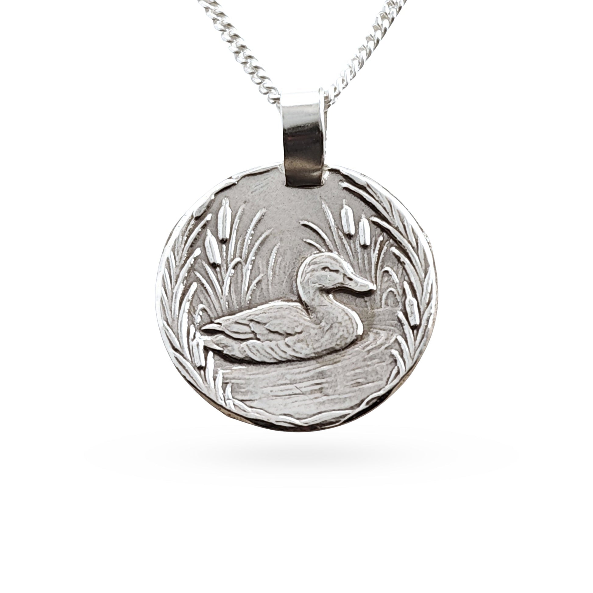 Sterling silver engraved duck coin pendant necklace, handcrafted in the UK from recycled sterling silver