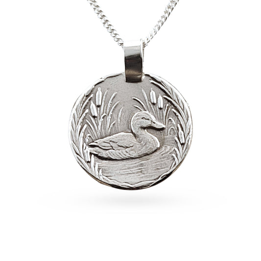Sterling silver engraved duck coin pendant necklace, handcrafted in the UK from recycled sterling silver