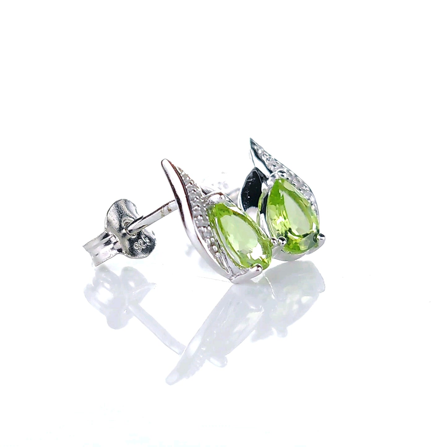 Peridot Earrings Diamond 0.9ct Pear Studs Green Sterling Silver August Birthstone