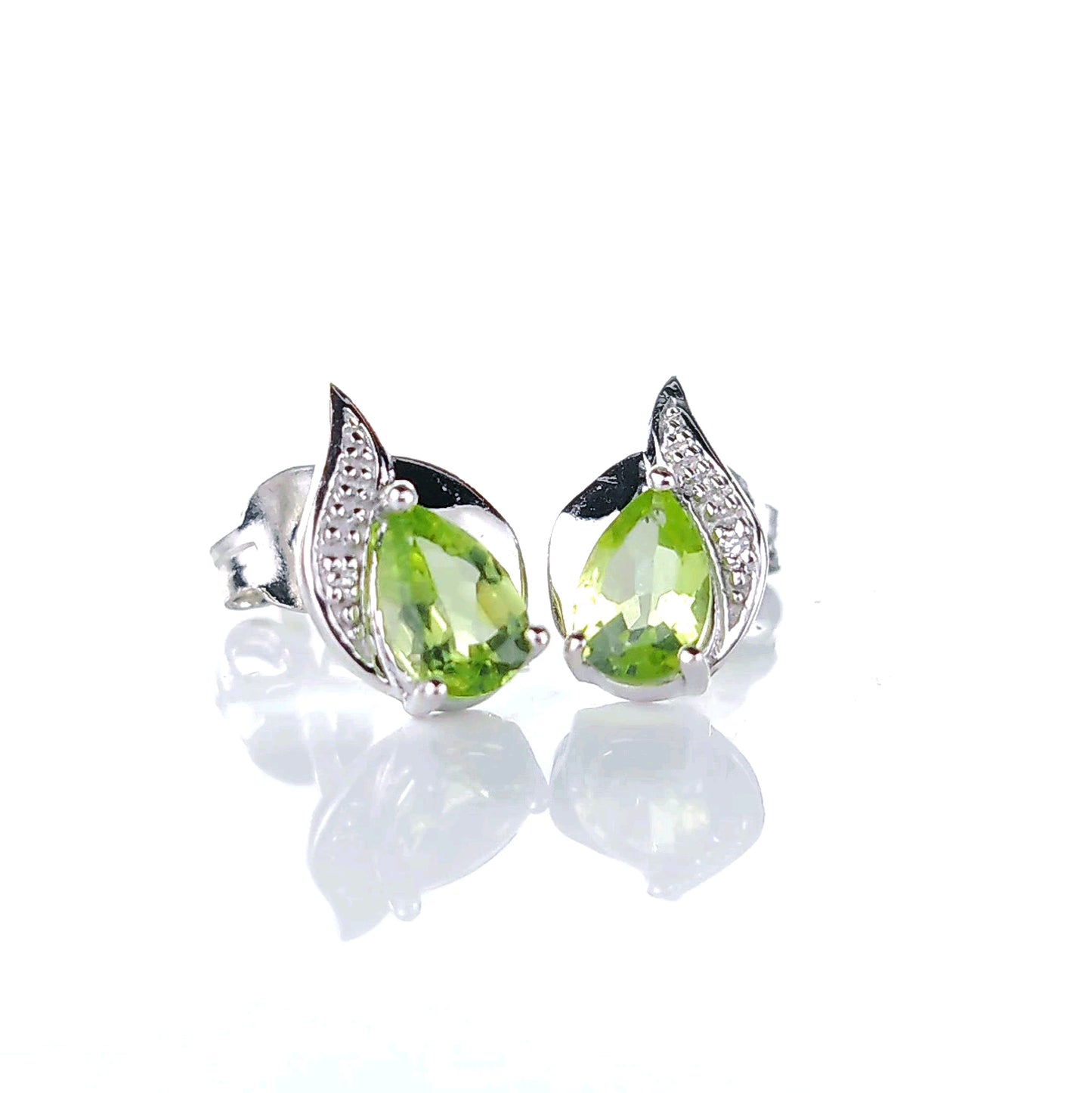 Peridot Earrings Diamond 0.9ct Pear Studs Green Sterling Silver August Birthstone