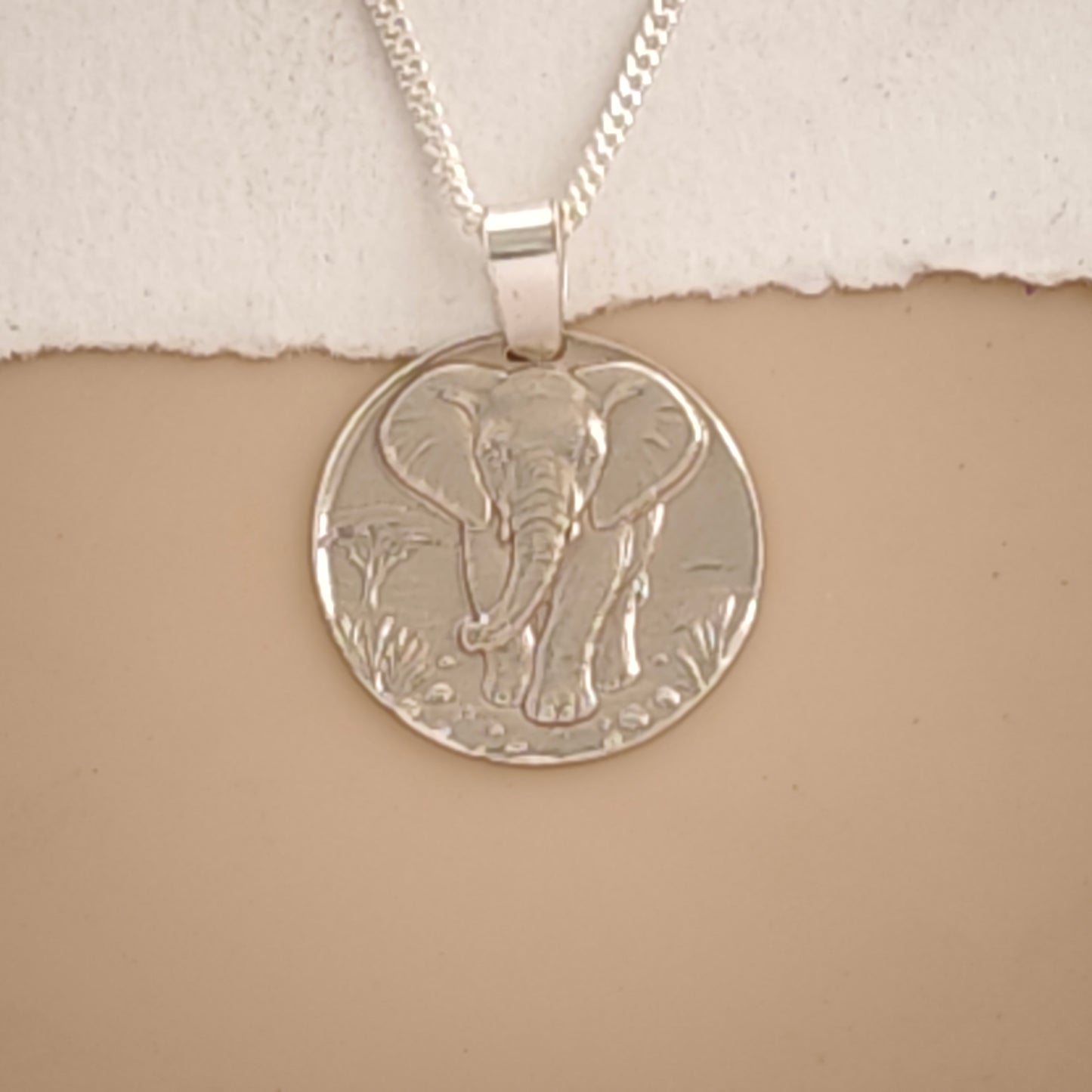 Elephant Engraved Sterling Silver Coin Necklace