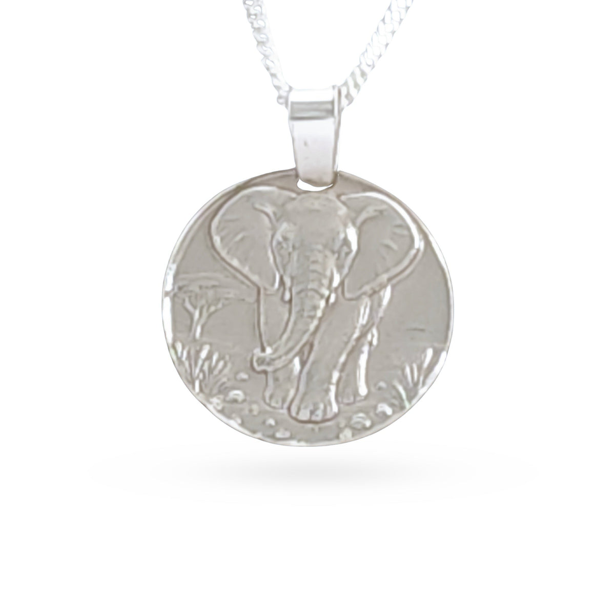 Sterling silver engraved elephant coin pendant necklace, handcrafted in the UK from recycled sterling silver