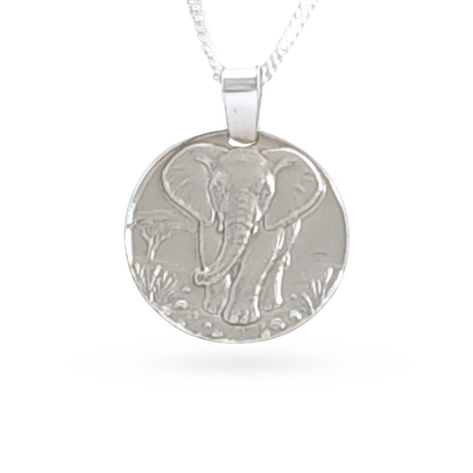 Sterling silver engraved elephant coin pendant necklace, handcrafted in the UK from recycled sterling silver
