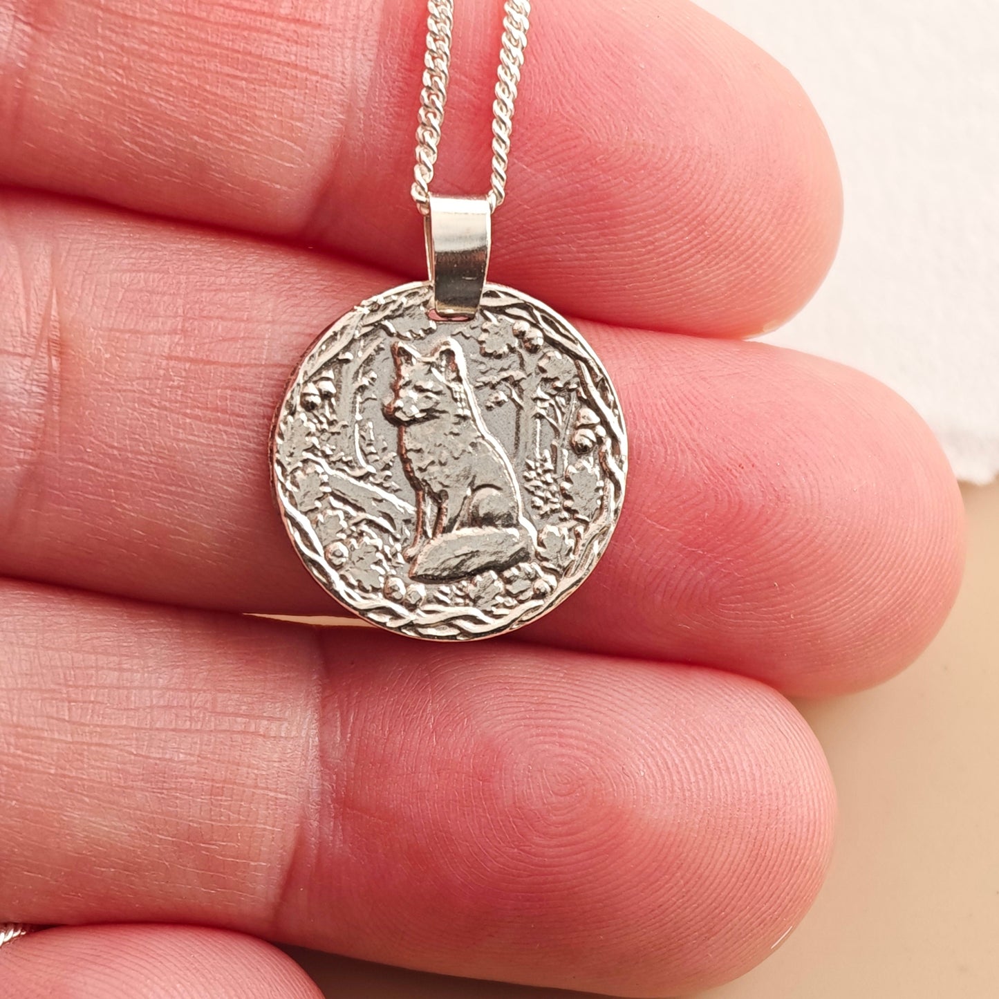 Fox Coin Necklace – Deep Engraved Recycled Sterling Silver