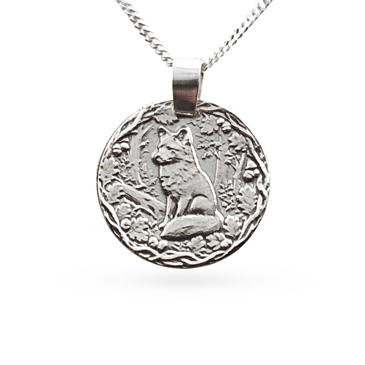 Sterling silver engraved fox coin pendant necklace, handcrafted in the UK from recycled sterling silver