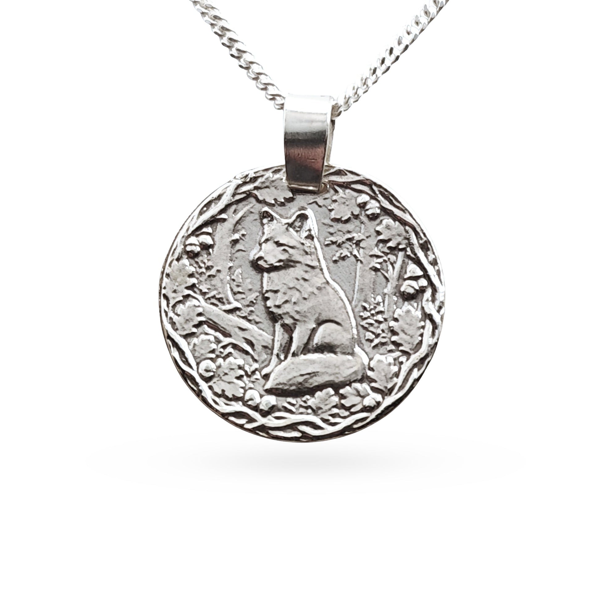 Sterling silver engraved fox coin pendant necklace, handcrafted in the UK from recycled sterling silver