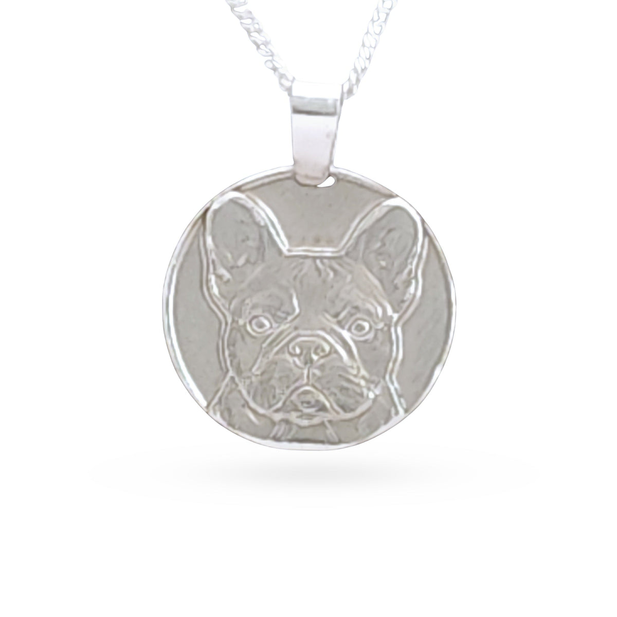 Sterling silver engraved French bulldog coin pendant necklace, handcrafted in the UK from recycled sterling silver