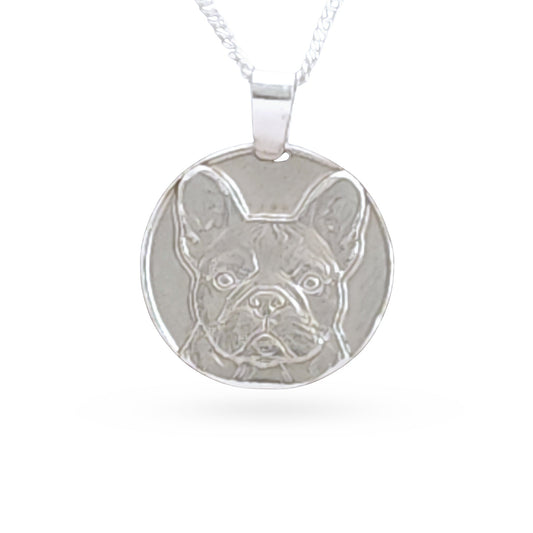 Sterling silver engraved French bulldog coin pendant necklace, handcrafted in the UK from recycled sterling silver
