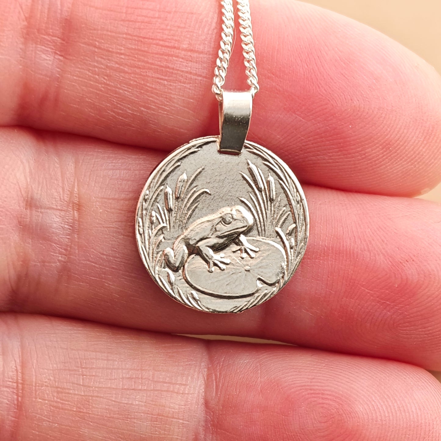 Frog Engraved Sterling Silver Coin Necklace