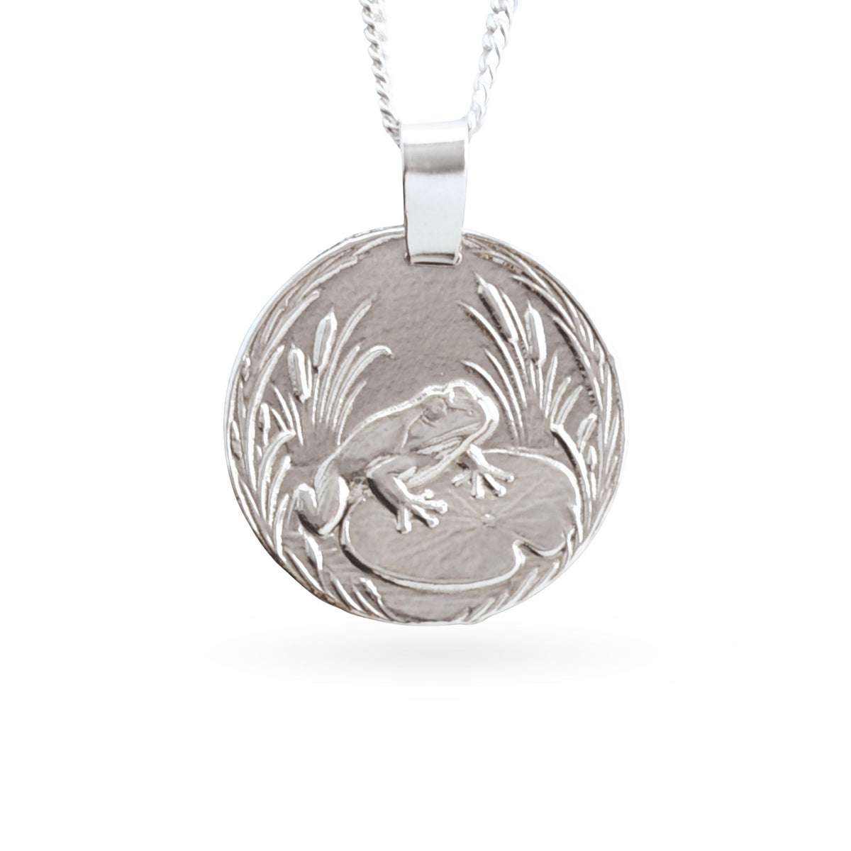 Sterling silver engraved frog coin pendant necklace, handcrafted in the UK from recycled sterling silver
