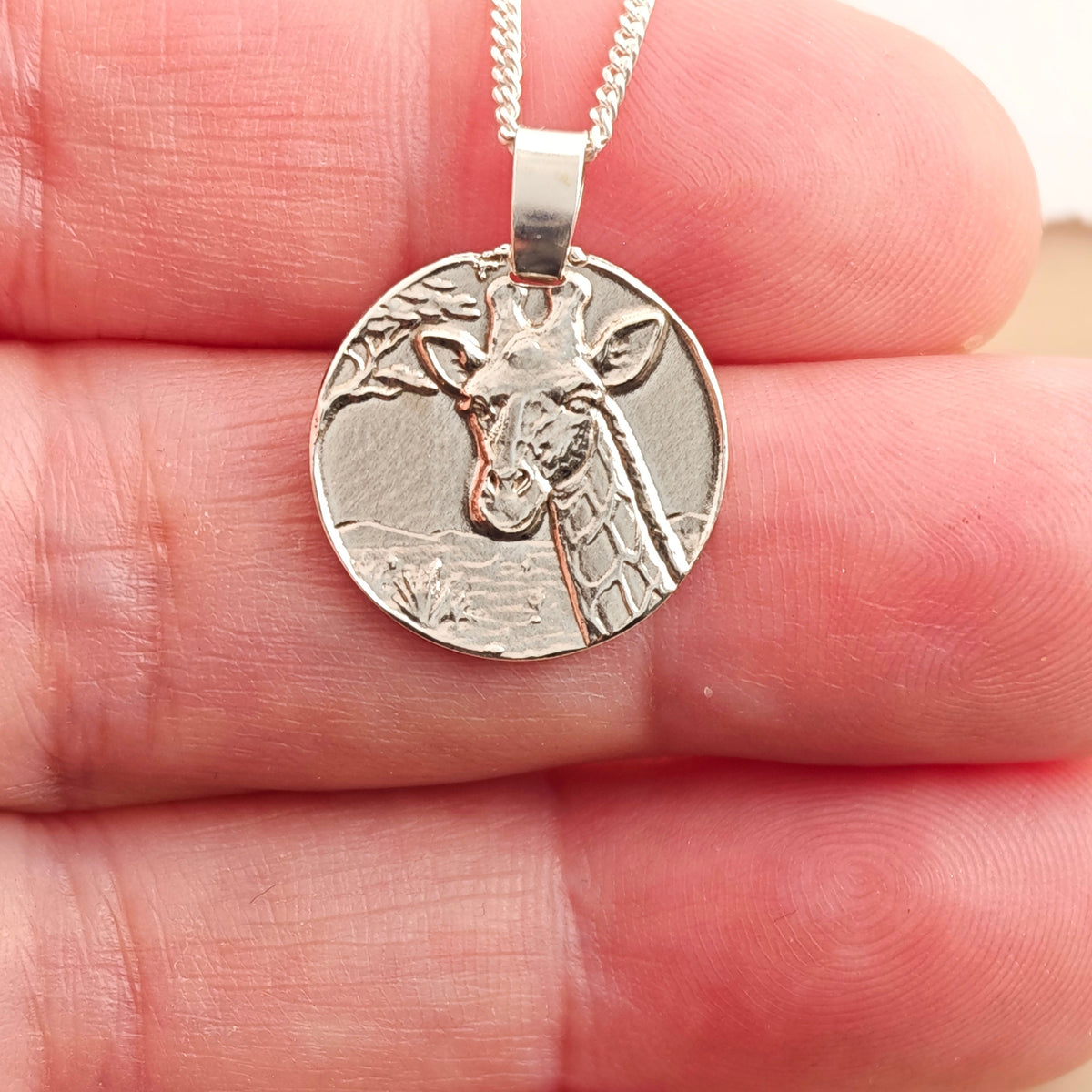 Giraffe Coin Necklace – Deep Engraved Recycled Sterling Silver