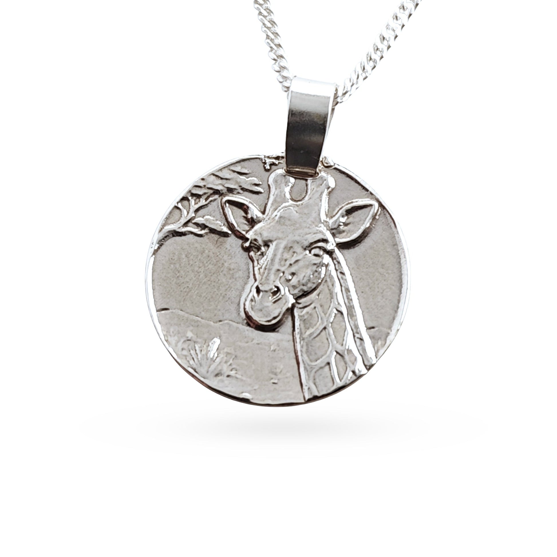Sterling silver engraved giraffe coin pendant necklace, handcrafted in the UK from recycled sterling silver