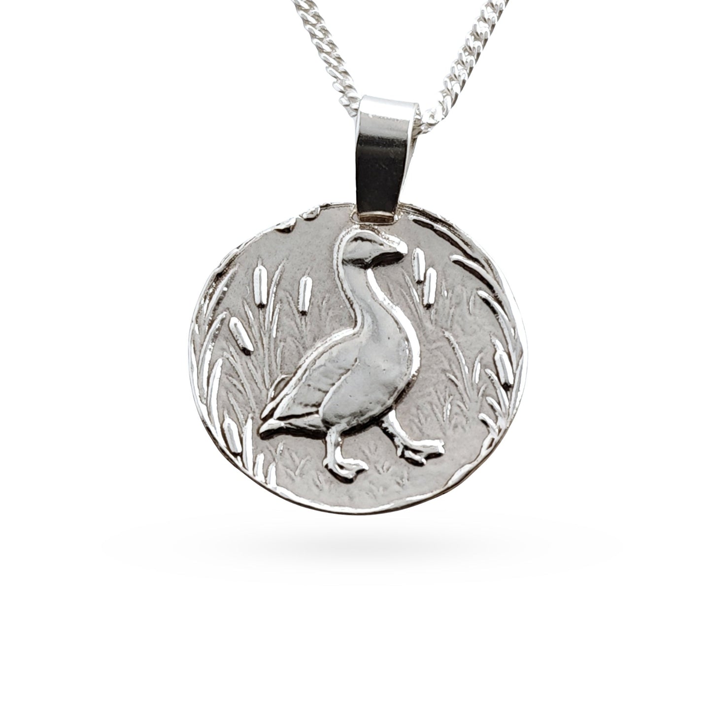 Sterling silver engraved goose coin pendant necklace, handcrafted in the UK from recycled sterling silver